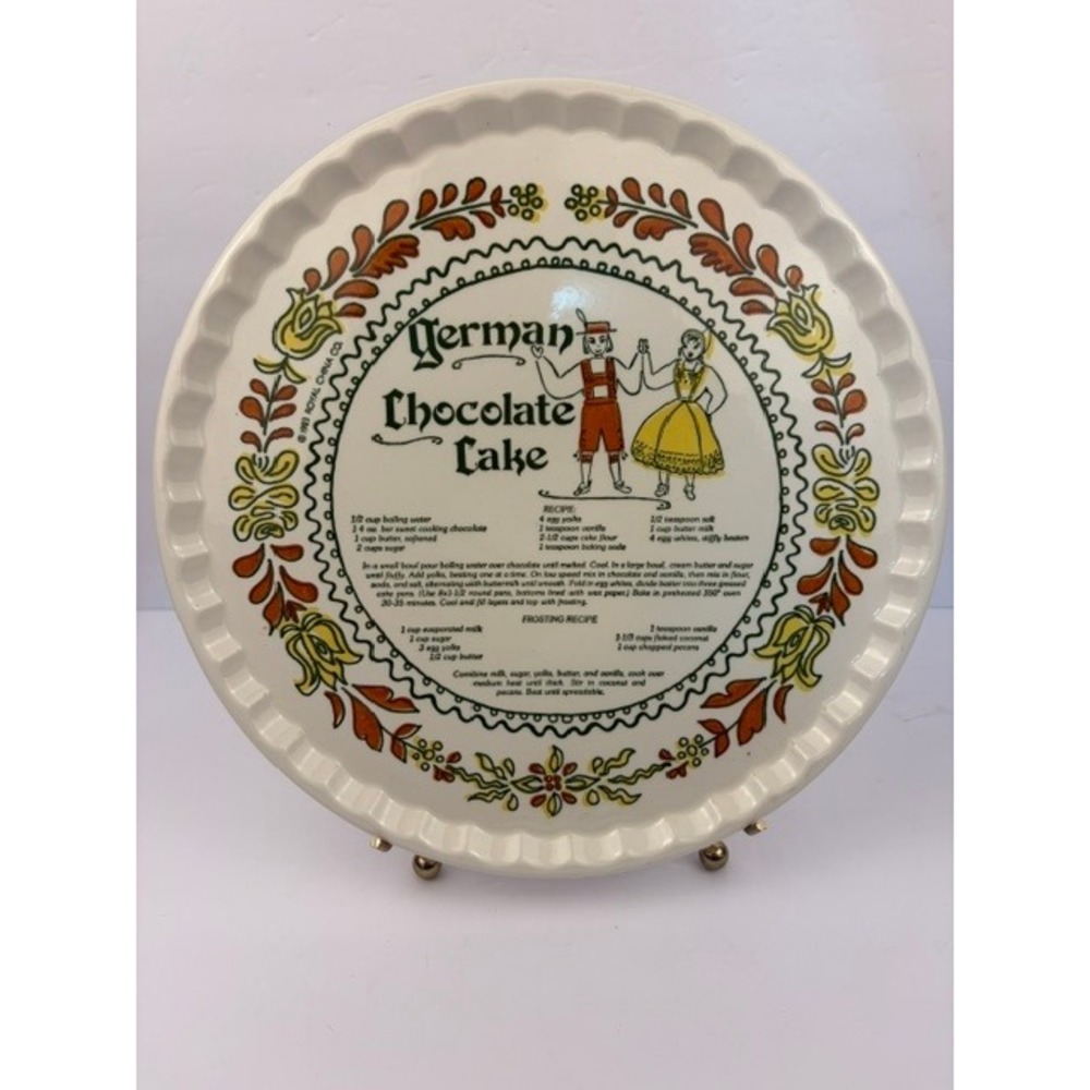 Vintage 1983 Royal China Co German Chocolate Cake Recipe Pie Plate 11.5 Inch